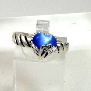 Vintage Designer Sterling Silver Blue Cat's Eye Heart Ring Size 8.25 Chrysoberyl